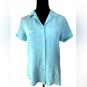 100% Silk Classy Blouse Blue Button Front Collared Side Slit  Short Sleeve L
